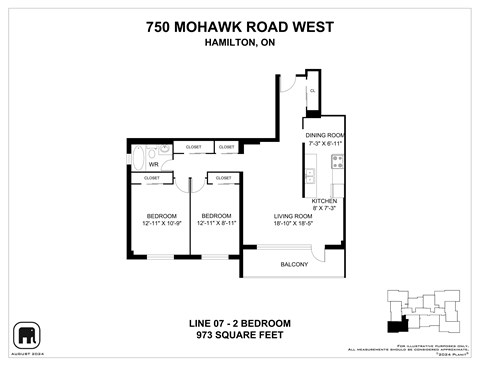 A floor plan for a home at 750 Mohawk Road West in Hamilton, ON, showing the layout of the bedrooms, living room, kitchen, dining room, and balcony.